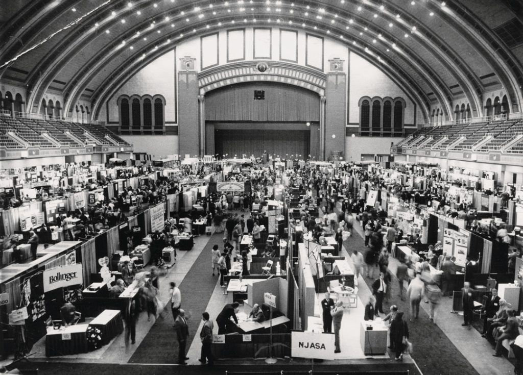 black and white photo of the exhibit floor at the old convention hall