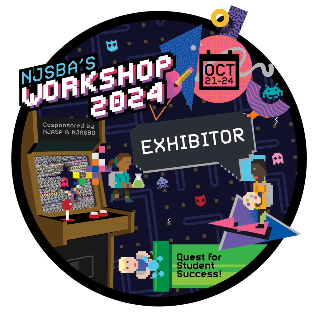 Exhibitor digital badge download retro video game style with pixel children, arcade and pacman boards
