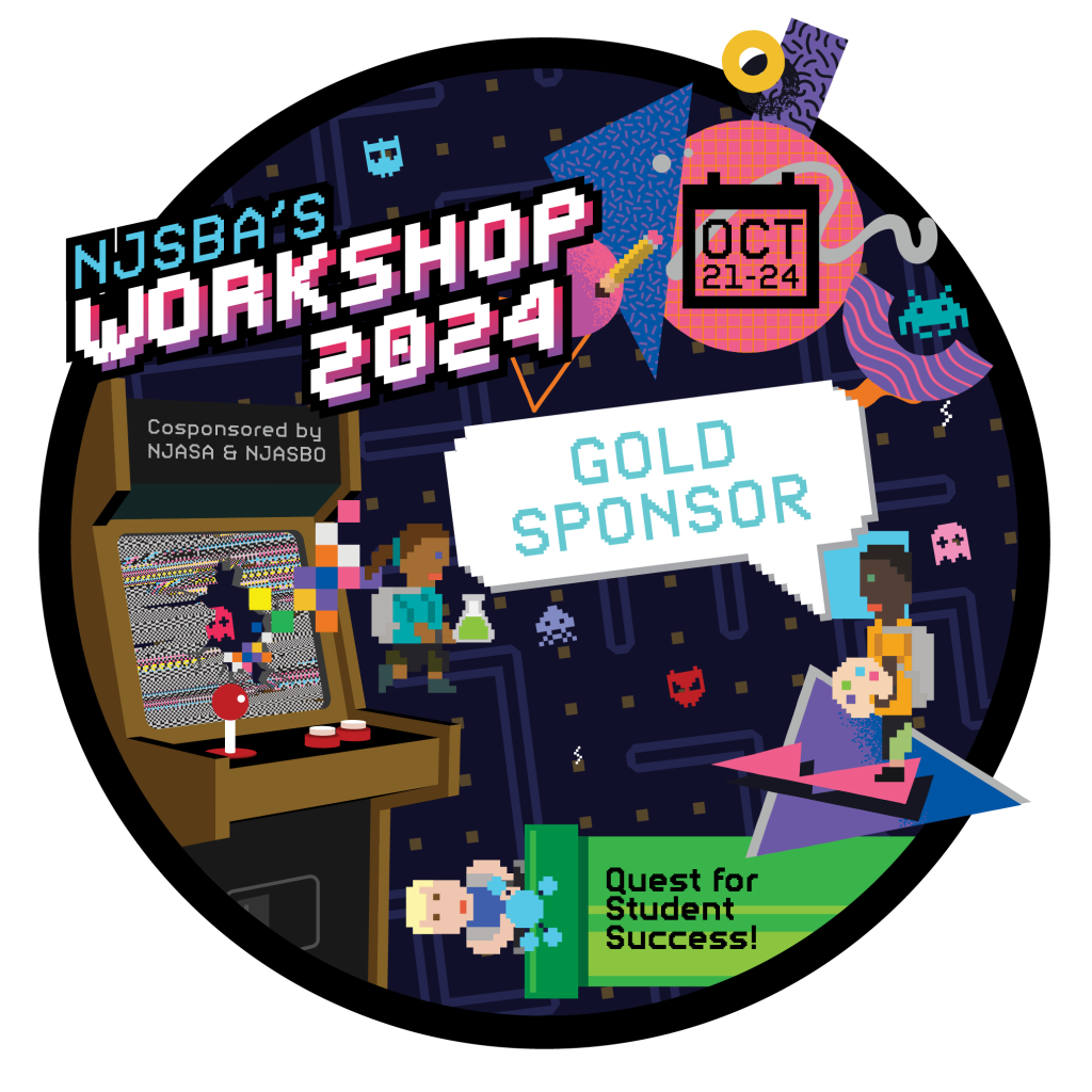 Gold sponsor digital badge download retro video game style with pixel children, arcade and pacman boards