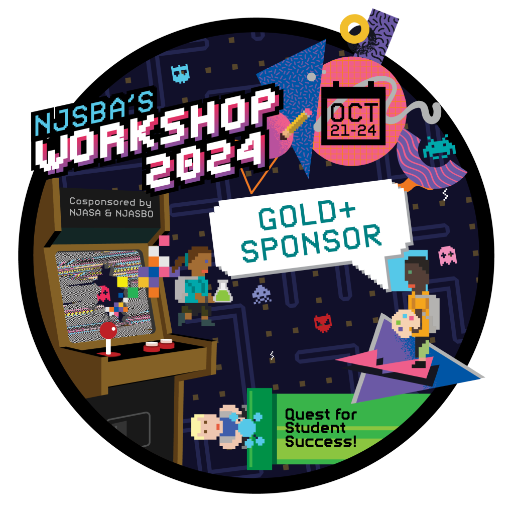 Gold+ Sponsor badge download retro video game style with pixel children, arcade and pacman boards