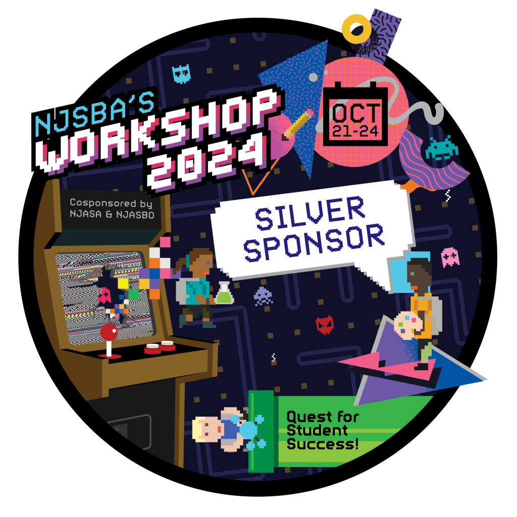 Silver sponsor digital badge download retro video game style with pixel children, arcade and pacman boards