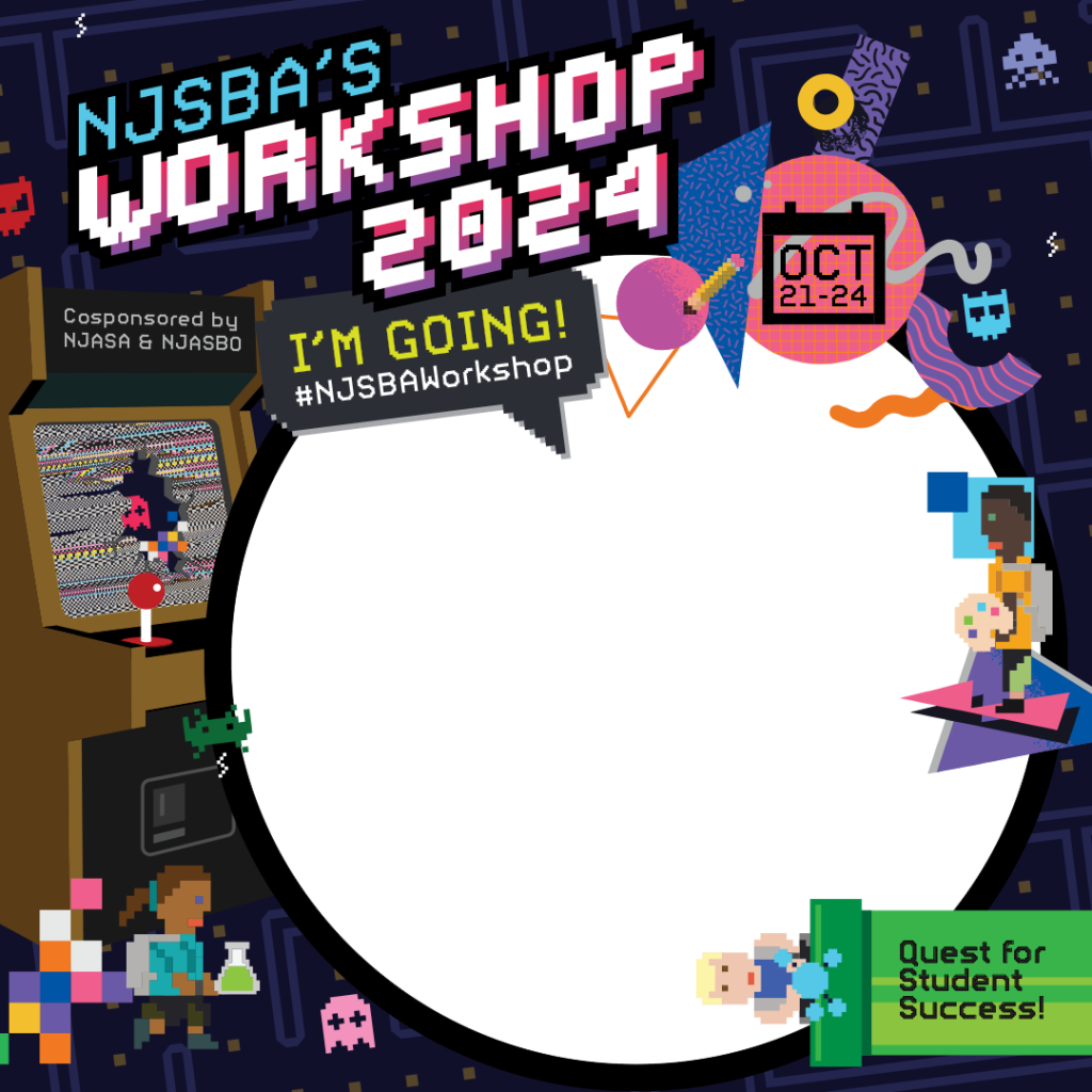 social media profile picture frame with arcade unit, pixel children and pacman board, aliens and ghosts with a speech bubble with the words I'm going #NJSBAworkshop